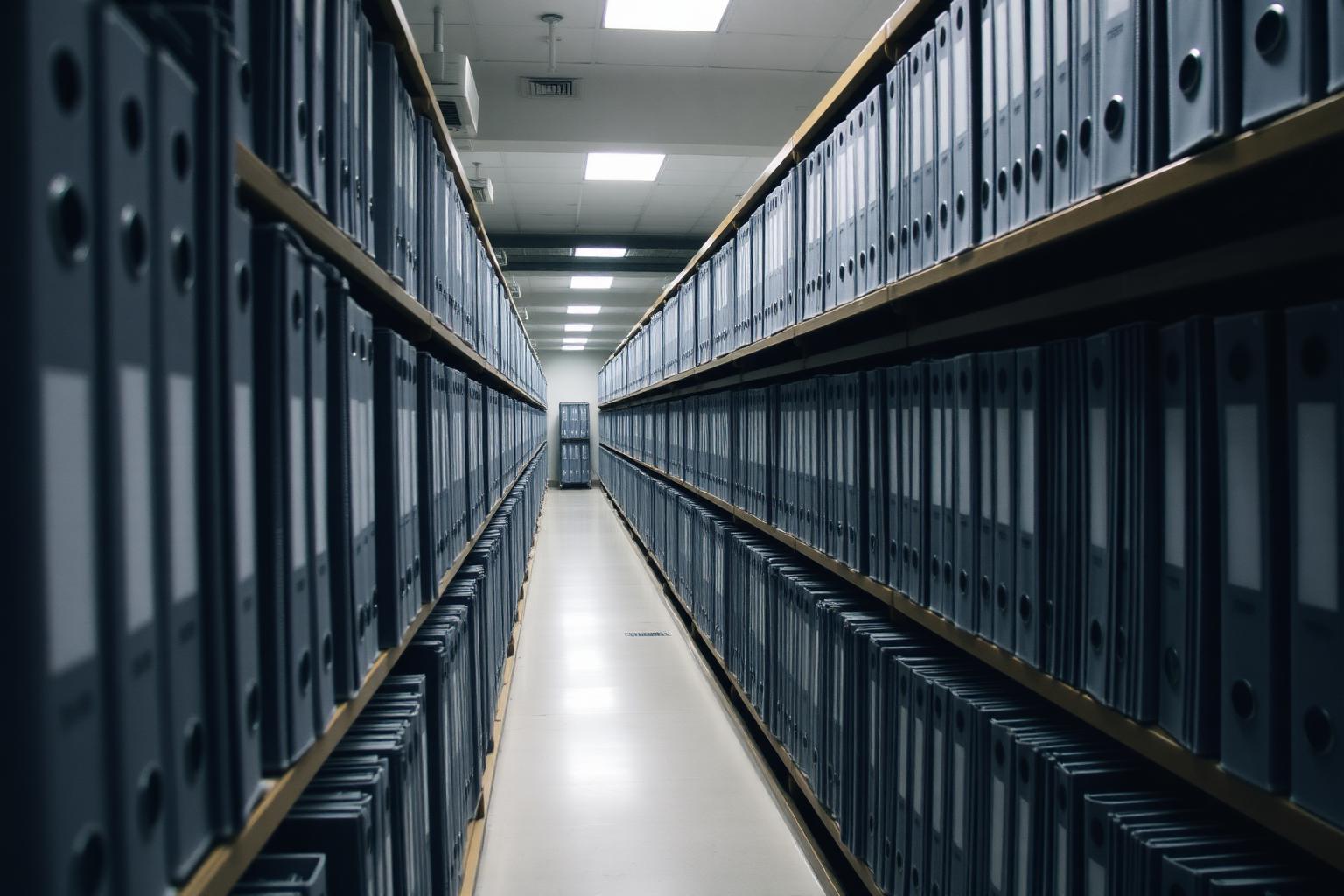 Langes Archivregal mit dicht gestellten Ordnern.