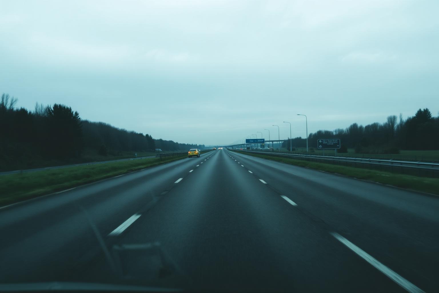 Leere Autobahnfahrbahn unter grauem Himmel.
