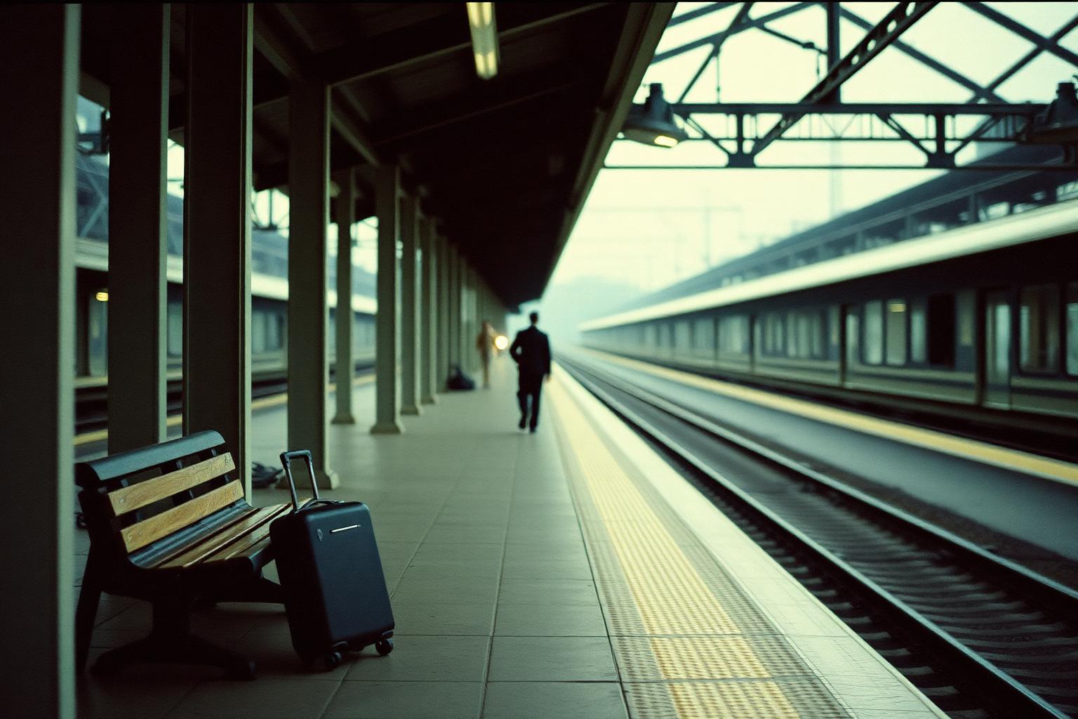Fast leerer Bahnsteig mit einem abgestellten Koffer, eine Person geht unscharf im Hintergrund.
