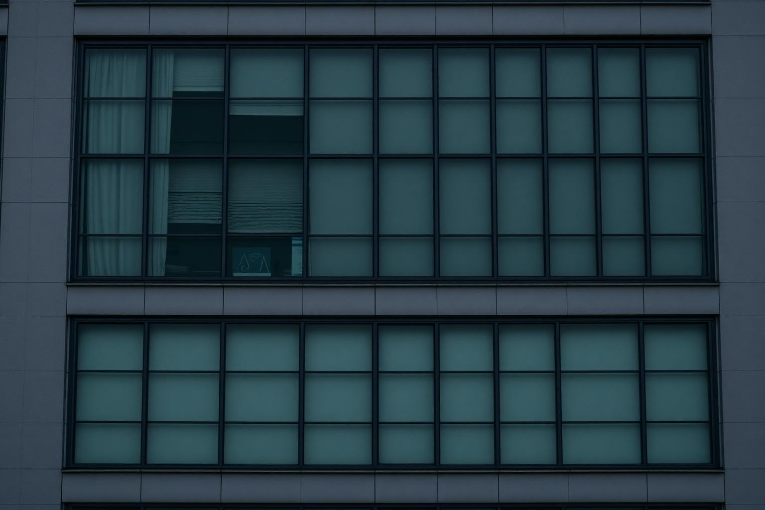 Schlichte Bürofassade aus Glas und Beton im Morgenlicht.