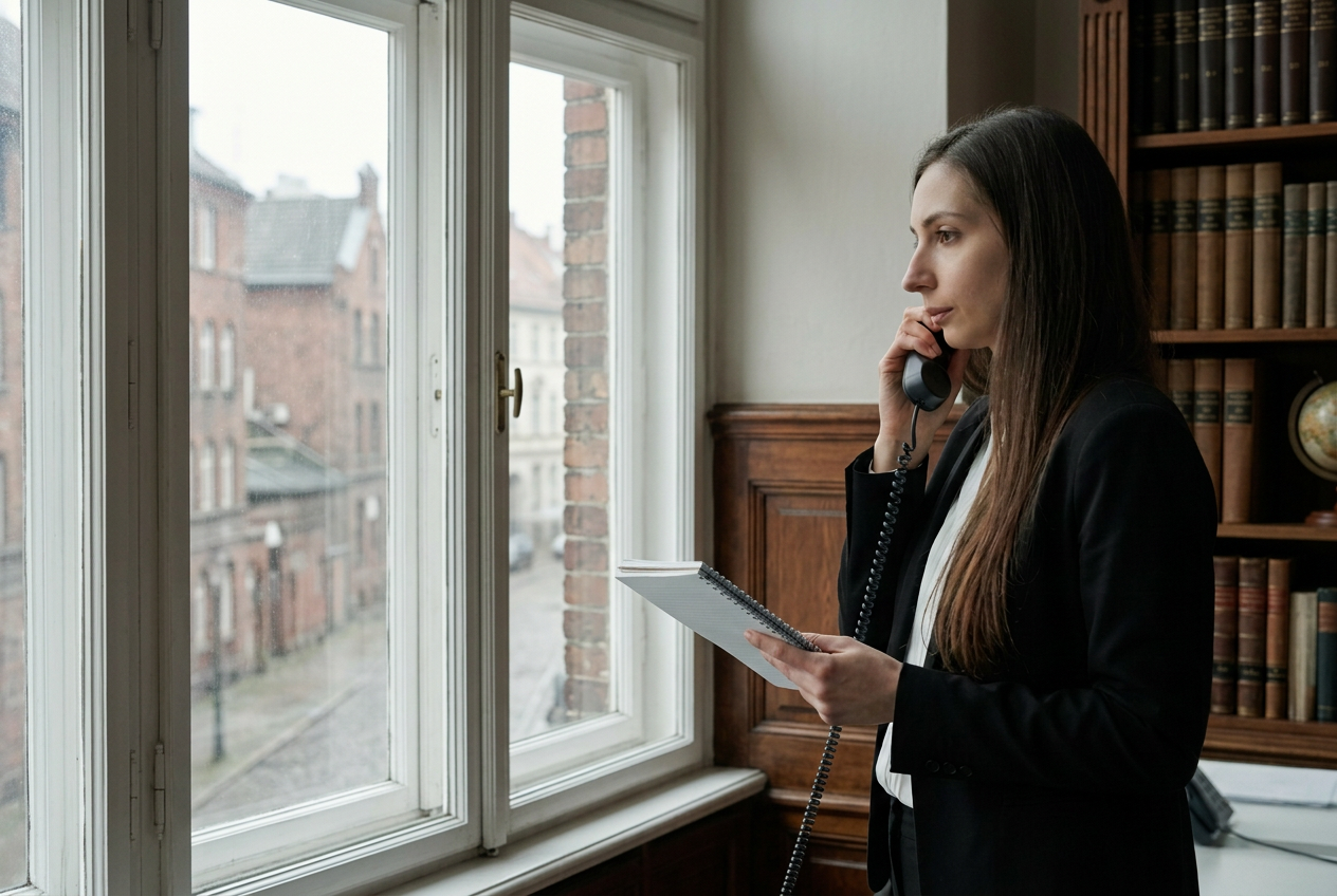 Rechtsanwältin Elger-Günther telefoniert am Fenster der Kanzlei, Notizblock in der Hand.