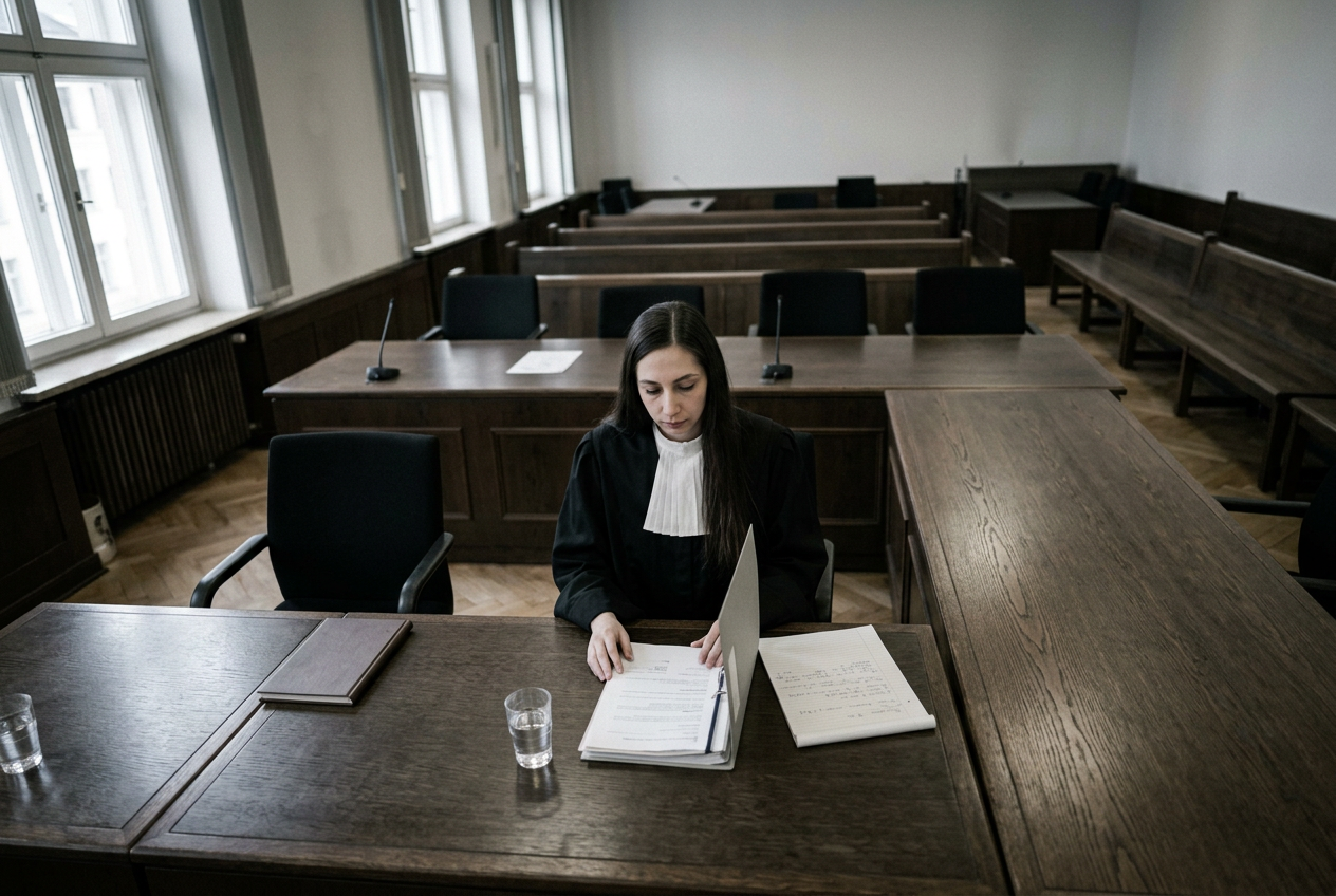 Rechtsanwältin Elger-Günther arbeitet in Robe an einer Akte auf der Verteidigerbank, von oben fotografiert.