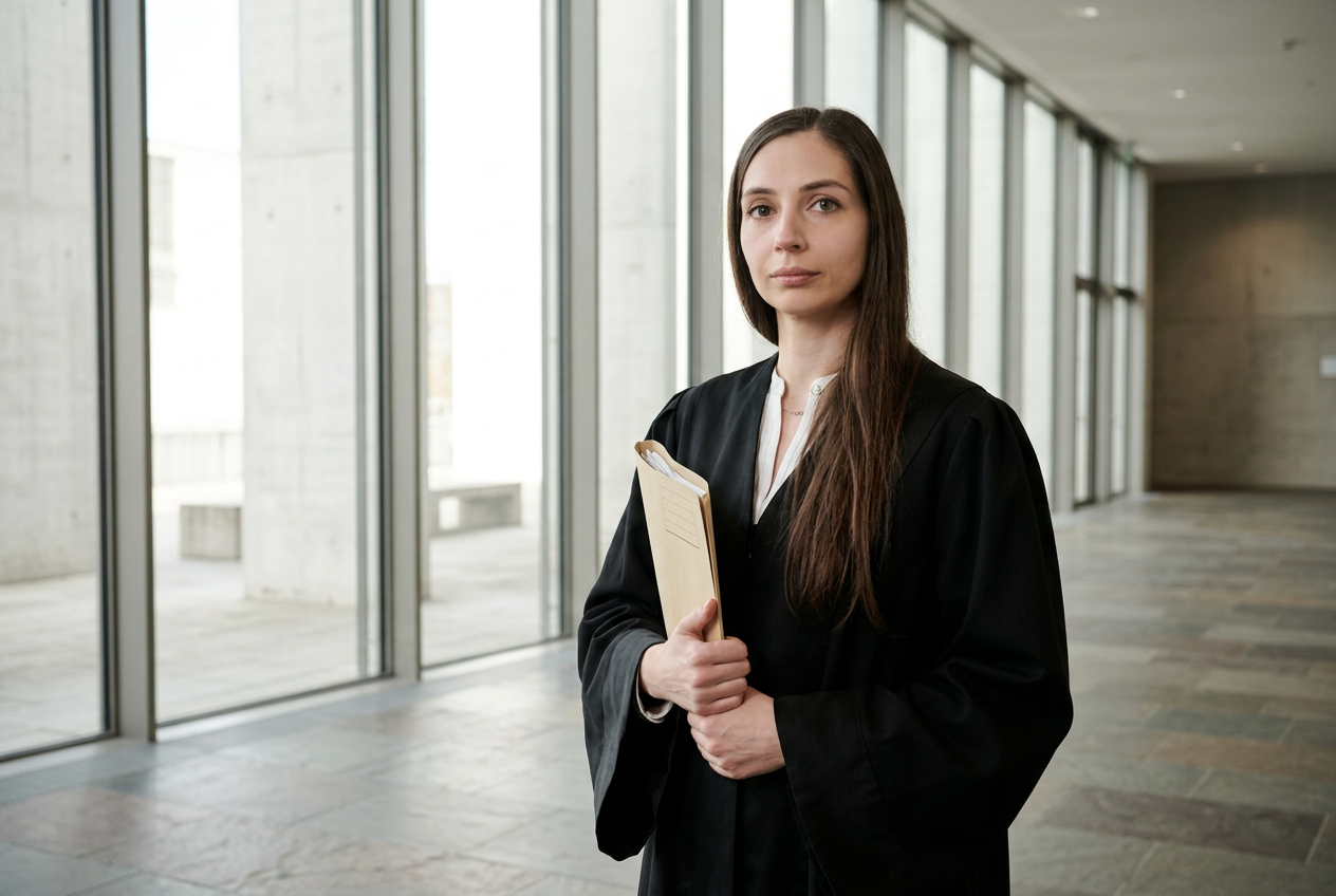 Rechtsanwältin Charlotte Elger-Günther in schwarzer Robe mit Akte auf einem hellen Gerichtsflur.