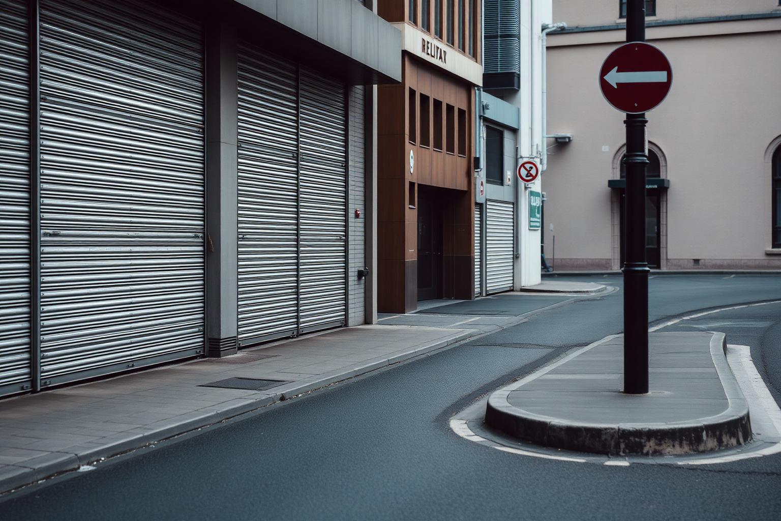 Leere Straße am frühen Morgen mit geschlossenen Rollläden.