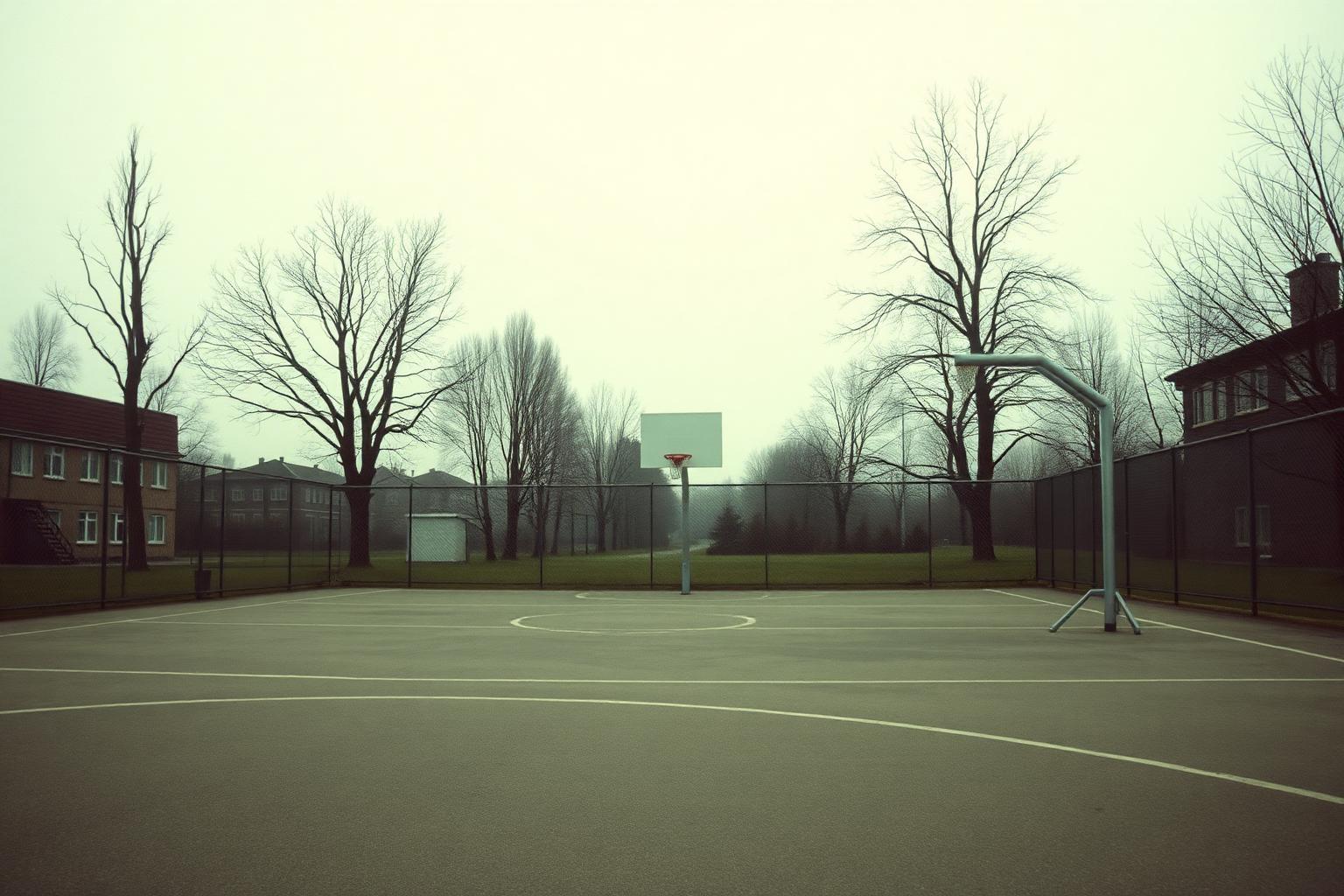 Leerer Schulsportplatz an einem grauen Nachmittag, Zaun und kahle Bäume.