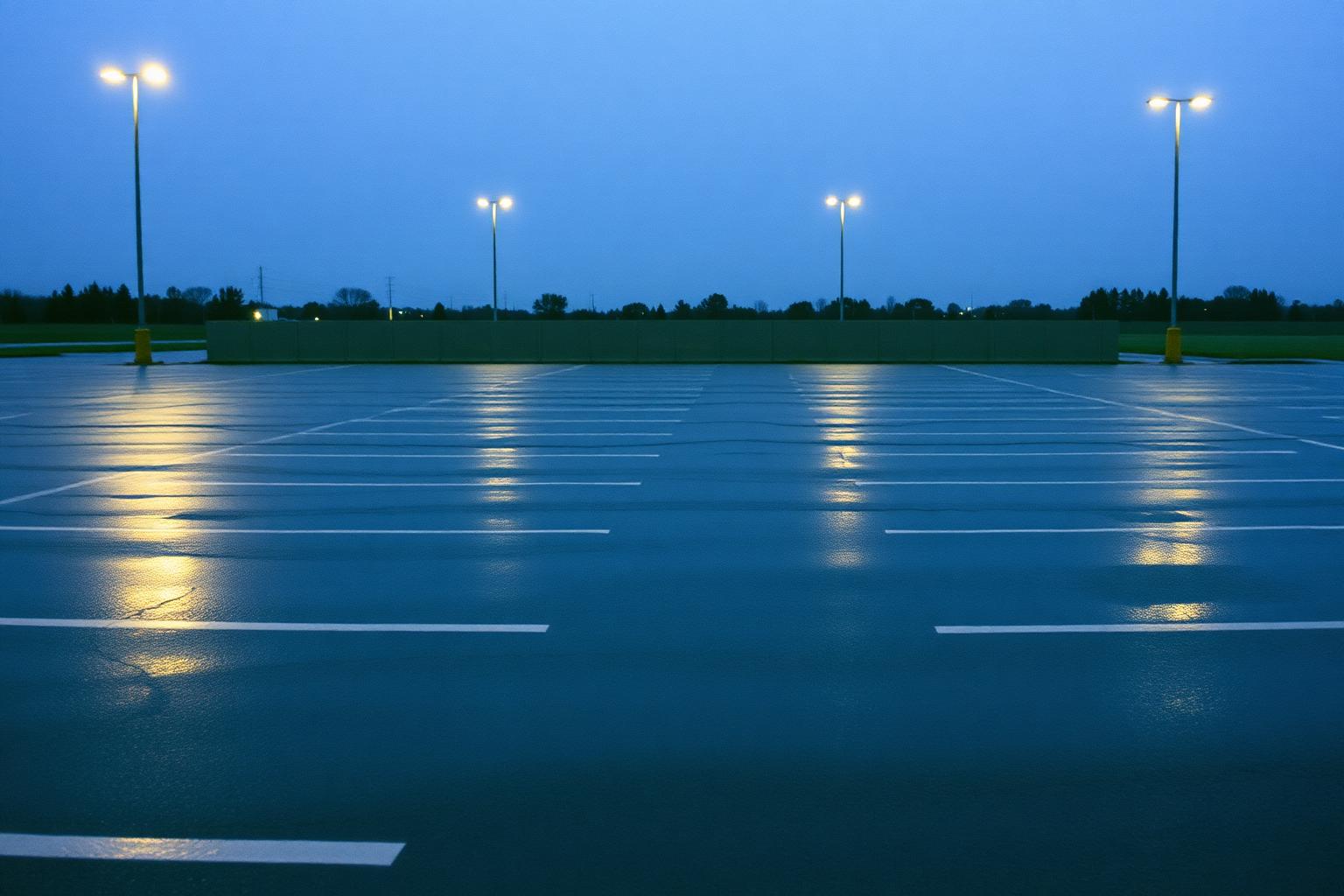 Nasser, leerer Parkplatz in der Dämmerung mit gespiegelten Laternen.