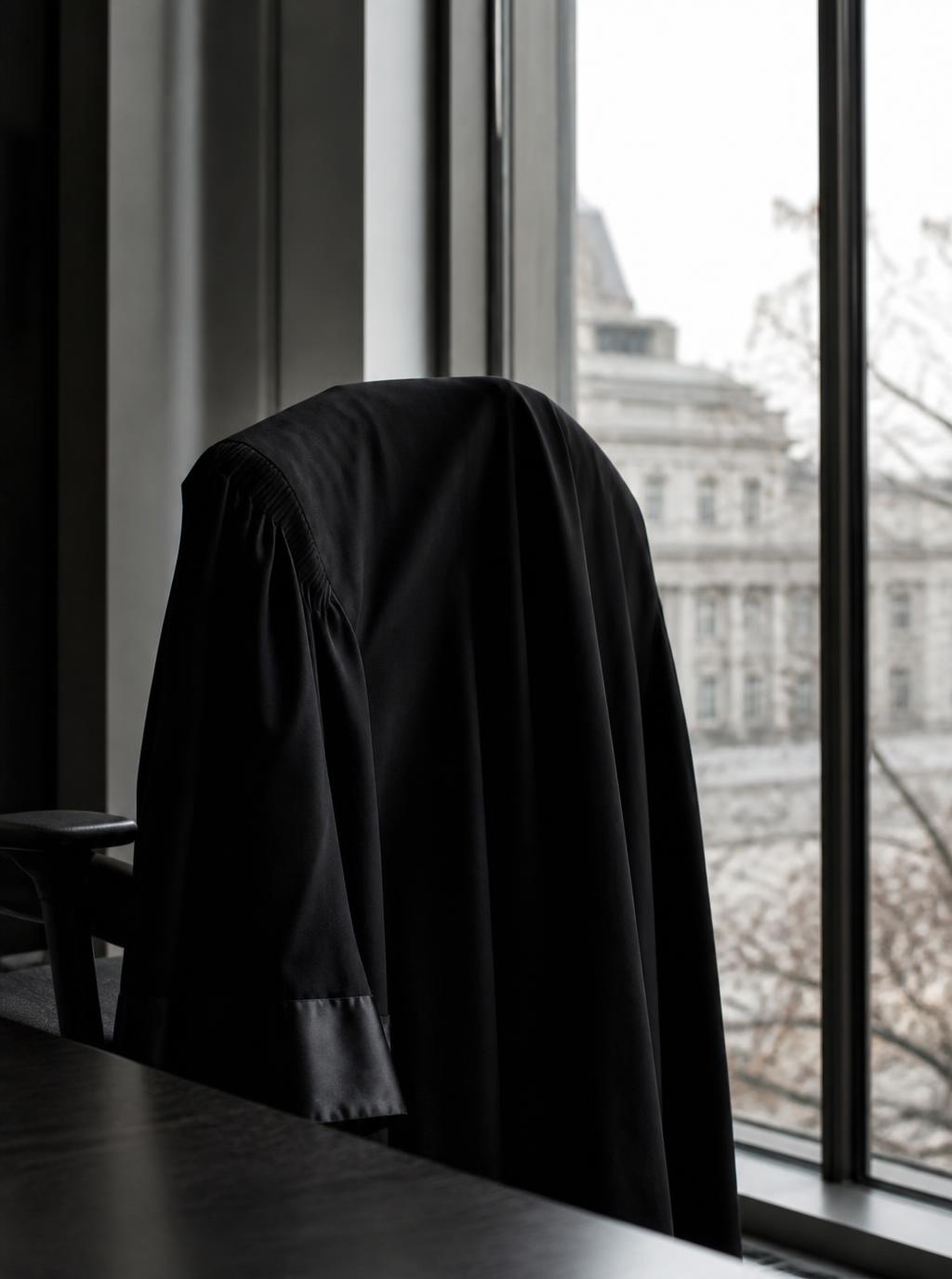 Eine schwarze Anwaltsrobe hängt im Gegenlicht über einer Stuhllehne am Bürofenster.