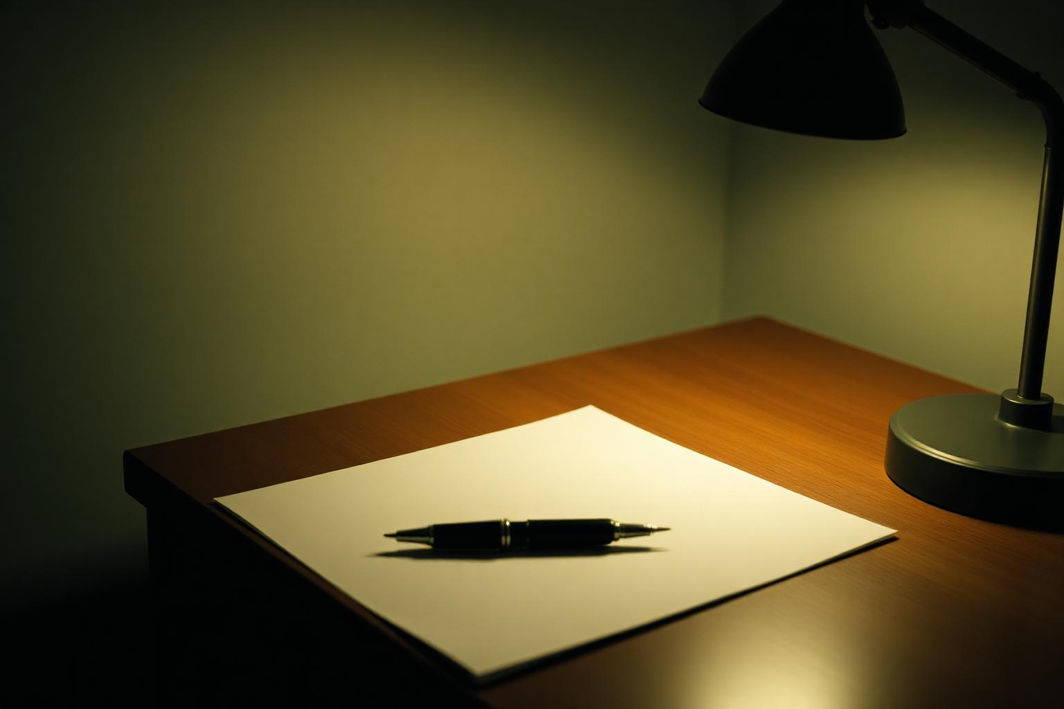 Schreibtischlampe beleuchtet ein leeres Blatt Papier und einen Stift auf einem Holztisch.