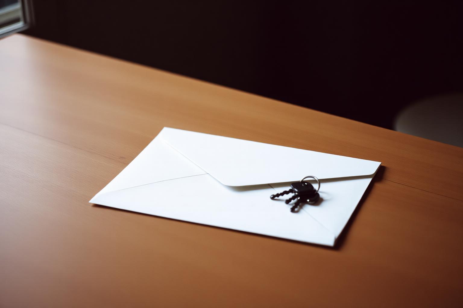 Ungeöffneter Briefumschlag mit einem Schlüsselbund auf einem Holztisch.