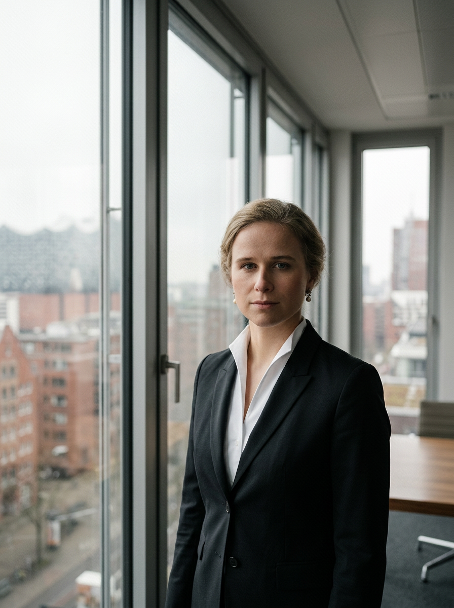 Rechtsanwältin Virginia von Burgsdorff steht an einem hellen Bürofenster, ruhiger und sachlicher Blick.